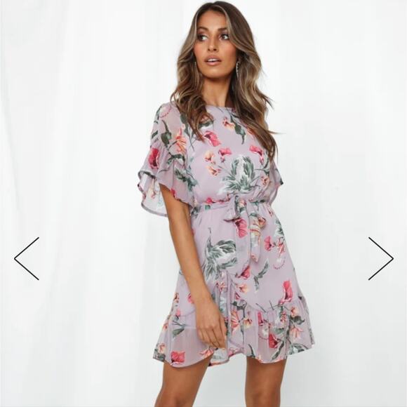 Dresses & Skirts - Women's Lilac Purple Floral Ruffle Mini Dress Waist Sash XS